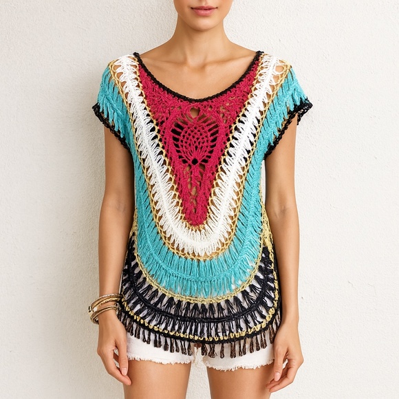 QUESTIONS BY SAY WHAT? Metallic Rainbow Crochet Boho Festival Top M - Picture 1 of 16
